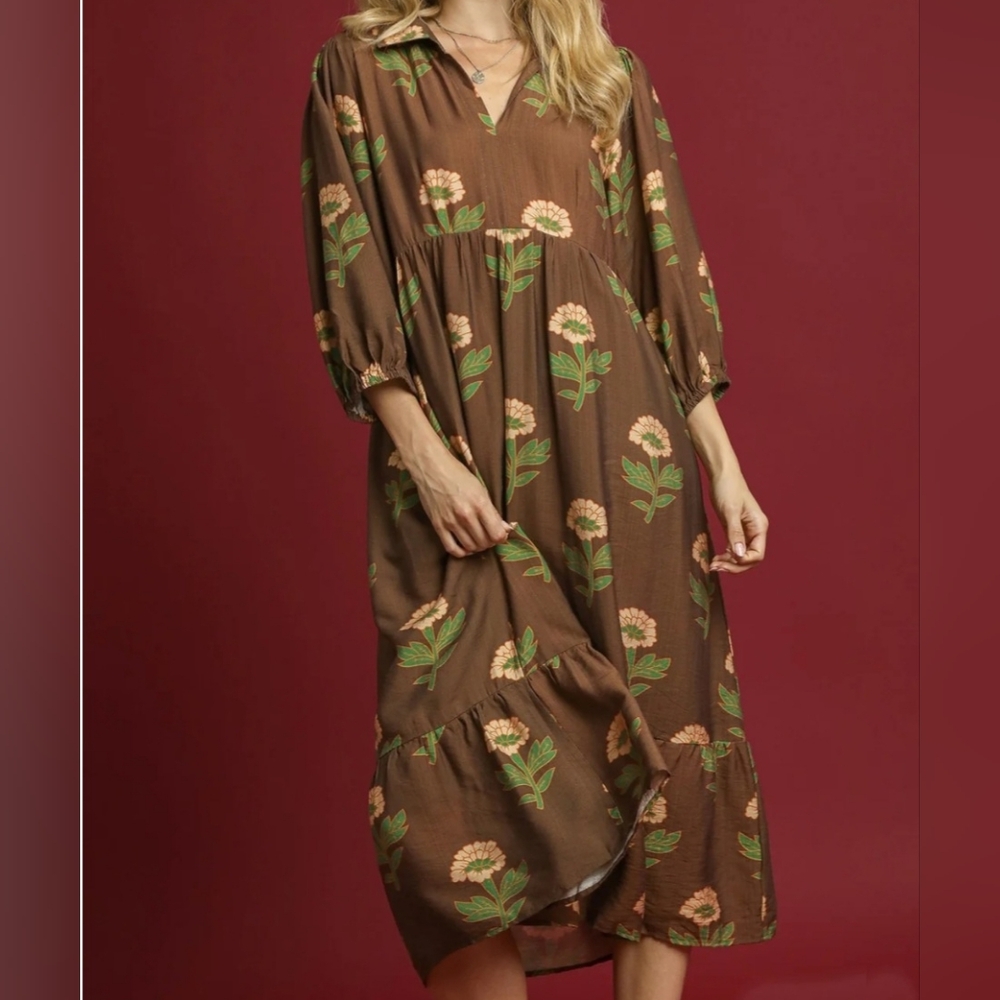 Umgee Floral Print Tiered Maxi Dress in Brown Mix Size L New.